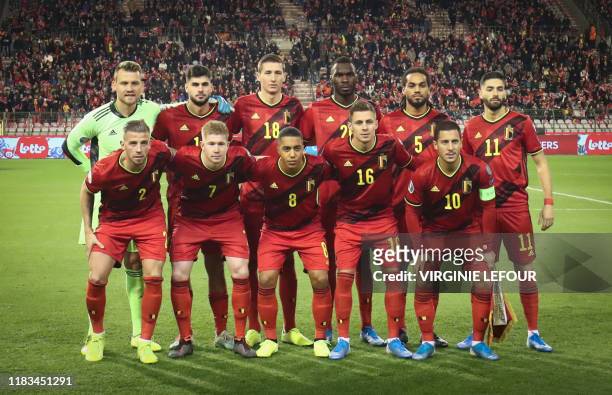 Belgium's goalkeeper Simon Mignolet, Belgium's Elias Cobbaut, Belgium's Hans Vanaken, Belgium's Christian Benteke, Belgium's Jason Denayer, Belgium's...
