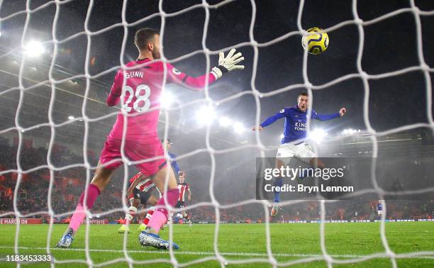 Jamie Vardy of Leicester City scores his team's seventh goal past Angus Gunn of Southampton during the Premier League match between Southampton FC...