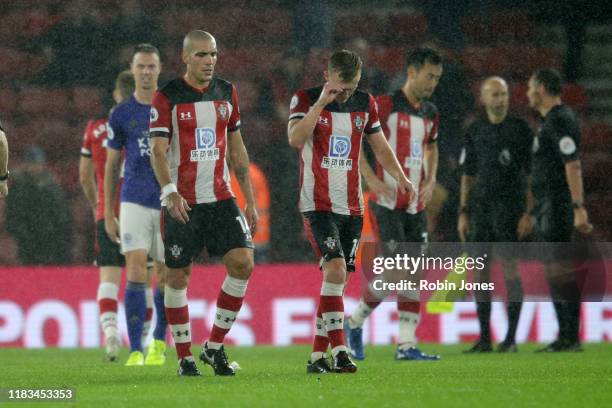 Oriol Romeu and James Ward-Prowse of Southampton after their sides 9-0 defeat during the Premier League match between Southampton FC and Leicester...