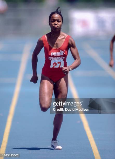 Evelyn Ashford of the USA competes in the 1984 USA Mobil Championship meet held in June 1984 at San Jose City College in San Jose, California.
