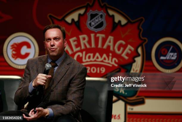 Panel host Elliotte Friedman speaks onstage at the Legacy Luncheon as part of the 2019 Tim Hortons NHL Heritage Classic at the International Trade...