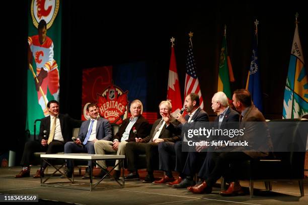 Shane Doan, Kris King, Dave Ellett, Thomas Steen, Jamie Macoun, Lanny McDonald and Elliotte Friedman attend the Legacy Luncheon as part of the 2019...