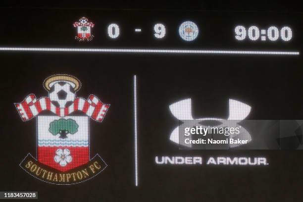 The LED screen shows the record breaking 9-0 score line after the Premier League match between Southampton FC and Leicester City at St Mary's Stadium...