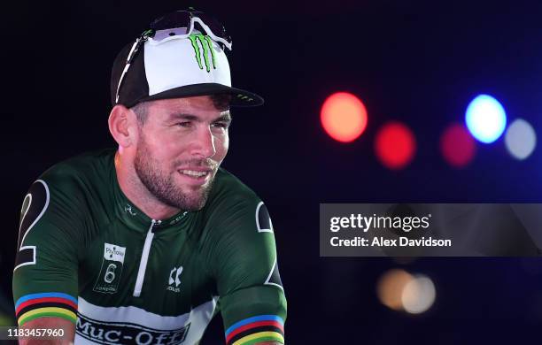 Mark Cavendish of Great Britain looks on after winning the Madison Chase during Day Four of the London Six Day Race at Lee Valley Velopark Velodrome...