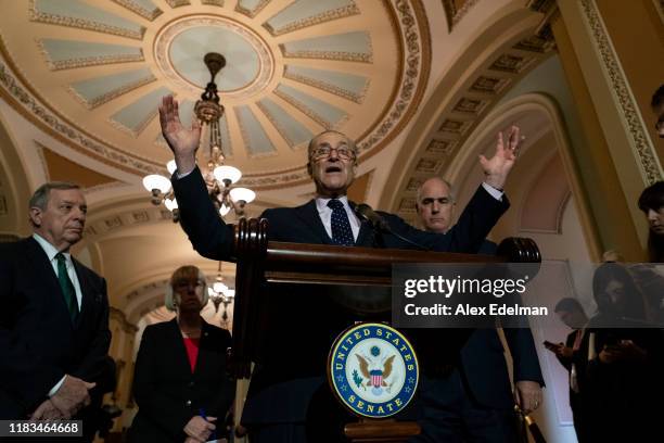 Senate Minority Leader Chuck Schumer speaks during his weekly press conference at the U.S. Capitol on November 19, 2019 in Washington, DC. Democrats...