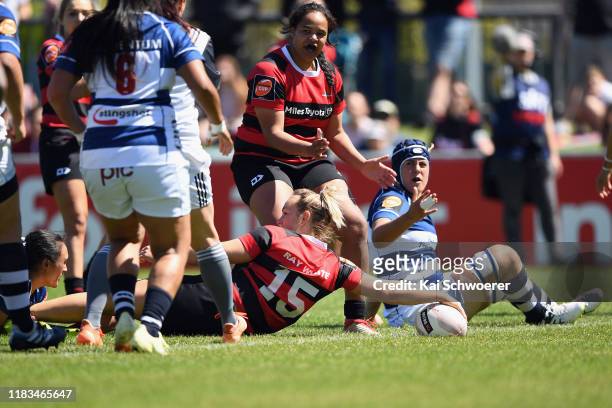 Olivia McGoverne of Canterbury dives over to score a try during the Farah Palmer Cup Final between Canterbury and Auckland at Rugby Park on October...