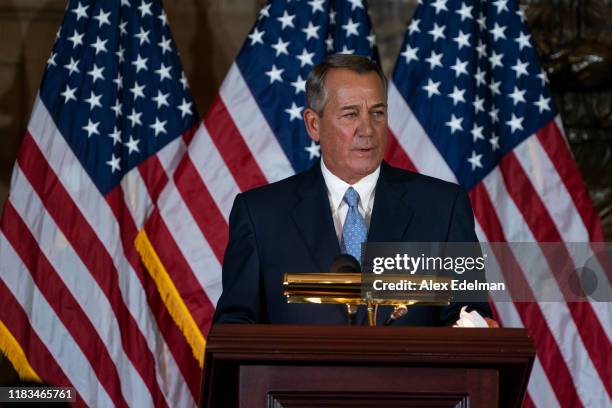 Former House Speaker John Boehner speaks at a ceremony to unveil a portrait in his honor at the U.S. Capitol on November 19, 2019 in Washington, DC....