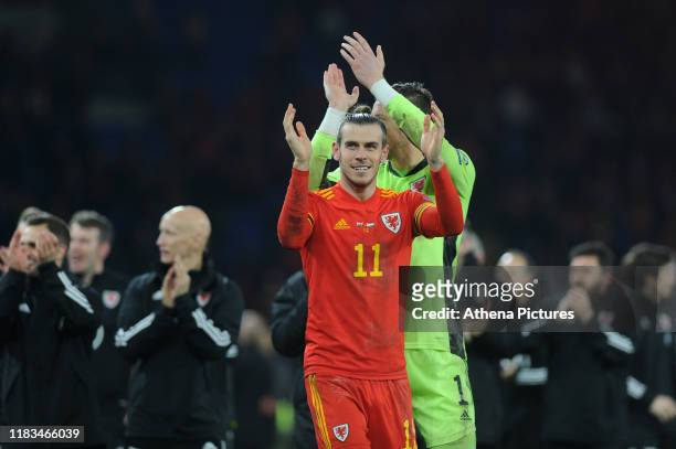 Gareth Bale of Wales celebrates at full time during the UEFA Euro 2020 Group E Qualifier match between Wales and Hungary at the Cardiff City Stadium...