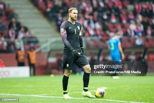 Jan Oblak in action during the UEFA Euro 2020 Qualifier between Poland and Slovenia on November 19, 2019 in Warsaw, Poland.
