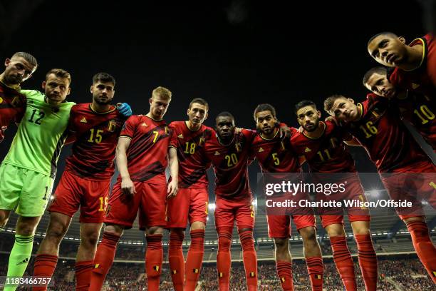 Belgium in a team huddle before the UEFA Euro 2020 Qualifier between Belgium and Cyprus on November 19, 2019 in Brussels, Belgium.