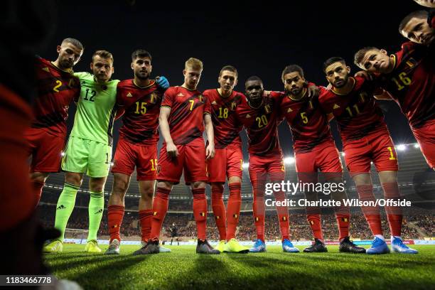 Belgium in a team huddle before the UEFA Euro 2020 Qualifier between Belgium and Cyprus on November 19, 2019 in Brussels, Belgium.