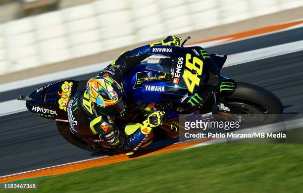 Valentino Rossi of Italy and Yamaha Factory Racing in action on track during the MotoGP Tests at Ricardo Tormo Circuit on November 19, 2019 in...
