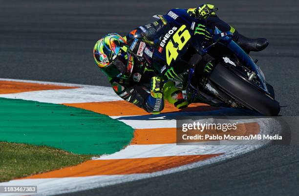 Valentino Rossi of Italy and Yamaha Factory Racing in action on track during the MotoGP Tests at Ricardo Tormo Circuit on November 19, 2019 in...