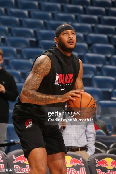 Carmelo Anthony of the Portland Trail Blazers warms up prior to a game against the New Orleans Pelicans on November 19, 2019 at Smoothie King Center...
