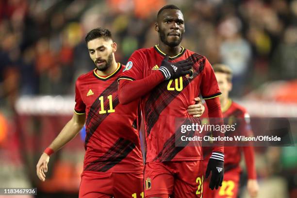 Christian Benteke of Belgium celebrates scoring their 6th goal during the UEFA Euro 2020 Qualifier between Belgium and Cyprus on November 19, 2019 in...