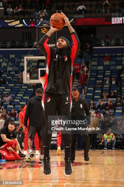 Carmelo Anthony of the Portland Trail Blazers warms up prior to a game against the New Orleans Pelicans on November 19, 2019 at Smoothie King Center...