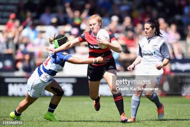 Grace Brooker of Canterbury runs through to score a try during the Farah Palmer Cup Final between Canterbury and Auckland at Rugby Park on October...