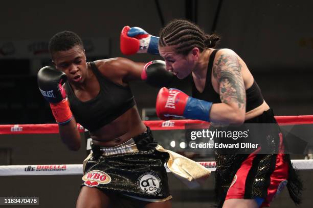Tiara Brown throws a left hand against Vanessa Bradford at Generoso Pope Athletic Complex on October 24, 2019 in New York City.