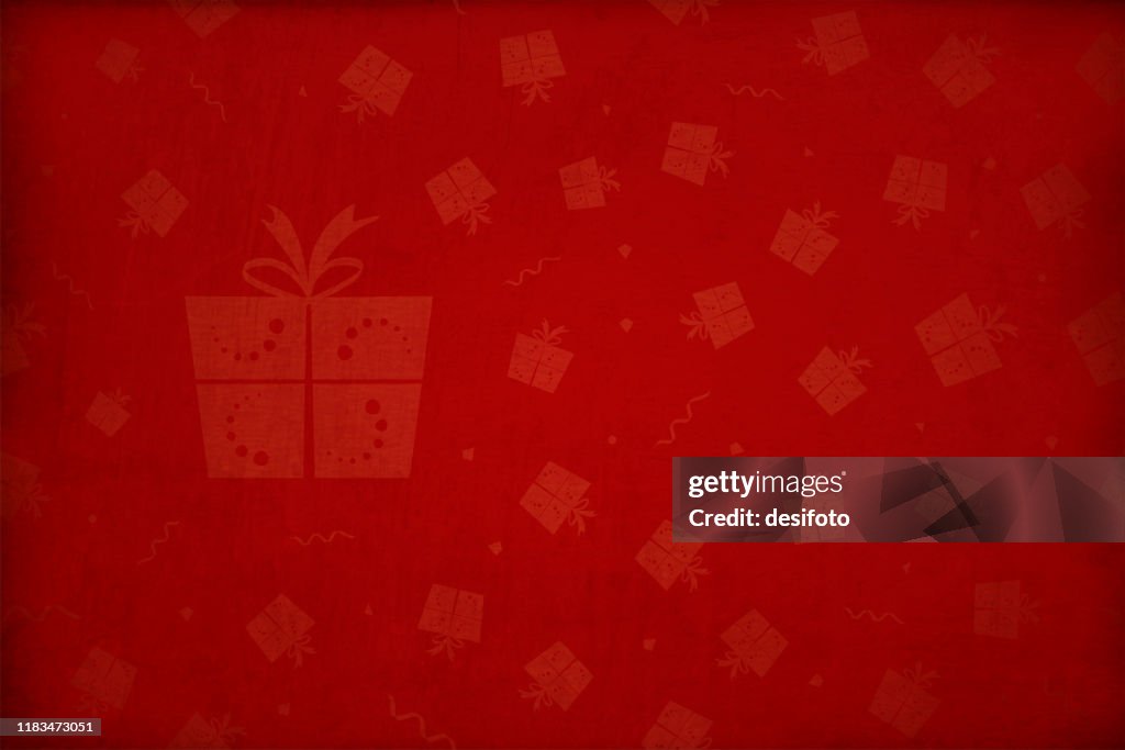 Horizontal vector illustration - Dark wine red colored gradient effect wallpaper texture all over pattern of gift box elements Christmas backgrounds - One big and several small objects