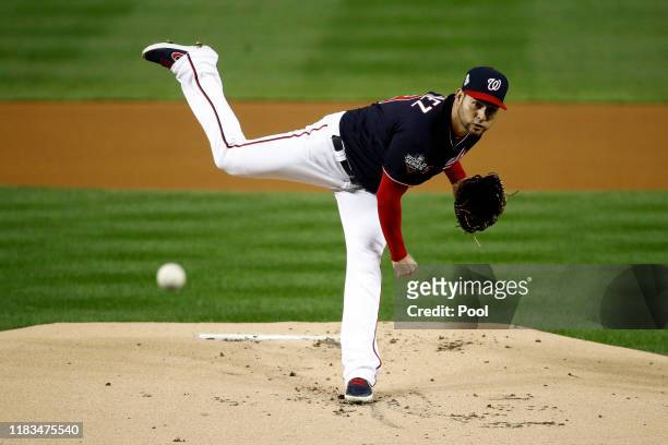 Anibal Sanchez of the Washington Nationals delivers the pitch against the Houston Astros during the first inning in Game Three of the 2019 World...