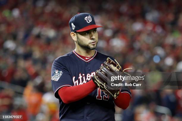 Anibal Sanchez of the Washington Nationals reacts against the Houston Astros during the third inning in Game Three of the 2019 World Series at...