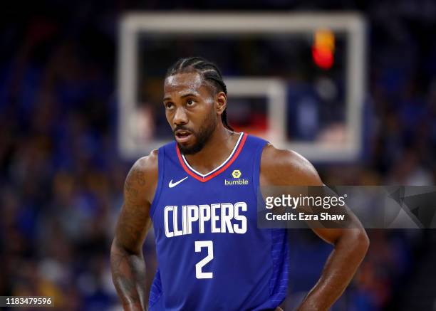 Kawhi Leonard of the LA Clippers stands on the court during their game against the Golden State Warriors at Chase Center on October 24, 2019 in San...