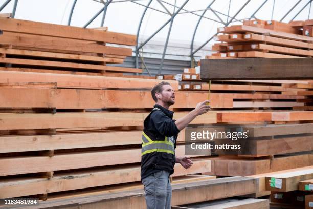 man working in a large industrial timber factory - depósito de madeiras imagens e fotografias de stock
