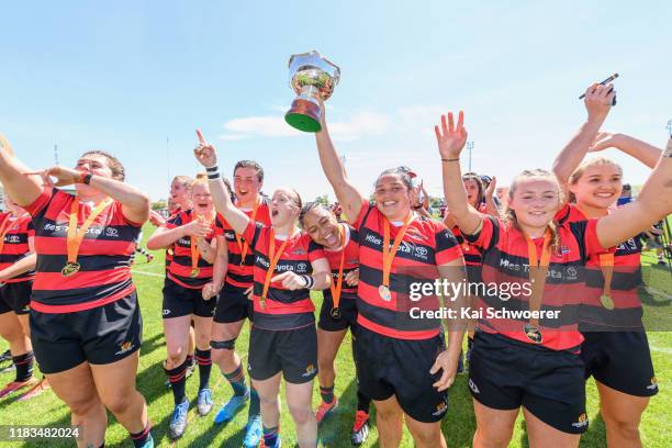 Captain Stephanie Te Ohaere-Fox of Canterbury lifts the Farah Palmer Cup after their win in the Farah Palmer Cup Final between Canterbury and...