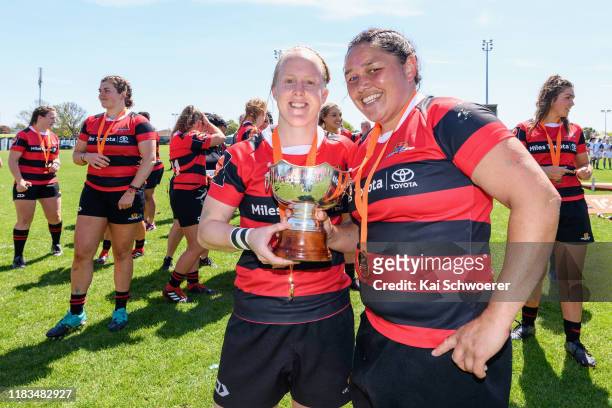 Kendra Cocksedge and captain Stephanie Te Ohaere-Fox of Canterbury pose with the Farah Palmer Cup after their win in the Farah Palmer Cup Final...