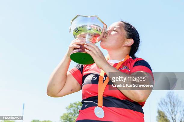 Captain Stephanie Te Ohaere-Fox kisses the Farah Palmer Cup after the win in the Farah Palmer Cup Final between Canterbury and Auckland at Rugby Park...