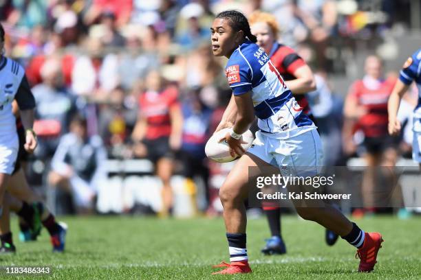 Patricia Maliepo of Auckland looks to pass the ball during the Farah Palmer Cup Final between Canterbury and Auckland at Rugby Park on October 26,...