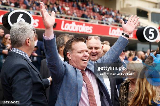 Connections celebrate after a dead heat in race 3 the Fillies Classic during Cox Plate Day at Mooney Valley Racecourse on October 26, 2019 in...