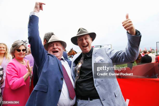 Connections celebrate after a dead heat in race 3 the Fillies Classic during Cox Plate Day at Mooney Valley Racecourse on October 26, 2019 in...