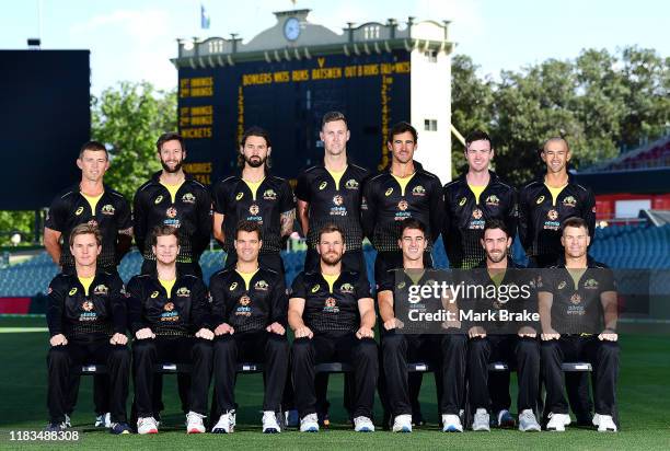 Australia T20 team pose for a team photo in front of the Adelaide Oval scoreboard Back Row Ben McDermott, Andrew Tye, Kane Richardson, Billy...