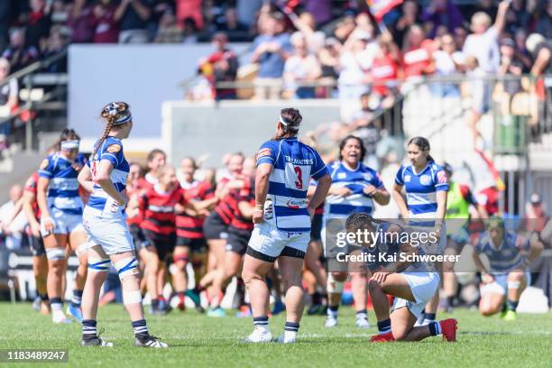 Auckland players react after their loss in the Farah Palmer Cup Final between Canterbury and Auckland at Rugby Park on October 26, 2019 in...