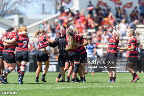 Head Coach Kieran Kite of Canterbury and his players celebrate their win in the Farah Palmer Cup Final between Canterbury and Auckland at Rugby Park...