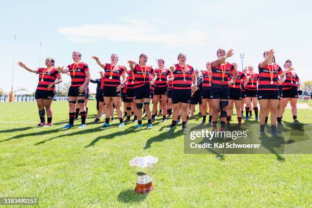 Captain Stephanie Te Ohaere-Fox of Canterbury and her team mates celebrate with the Farah Palmer Cup after their win in the Farah Palmer Cup Final...