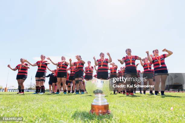 Captain Stephanie Te Ohaere-Fox of Canterbury and her team mates celebrate with the Farah Palmer Cup after their win in the Farah Palmer Cup Final...