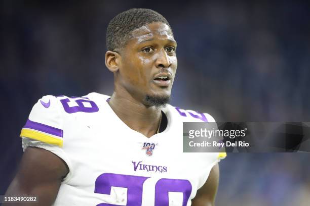 Xavier Rhodes of the Minnesota Vikings warms up prior to the start of the game aganist the Detroit Lions at Ford Field on October 20, 2019 in...