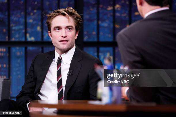 Episode 916 -- Pictured: Actor Robert Pattinson during an interview with host Seth Meyers on November 19, 2019 --