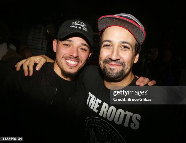 Anthony Ramos and Lin-Manuel Miranda pose backstage at the new hip-hop musical "Freestyle Love Supreme" on Broadway at The Booth Theatre on October...