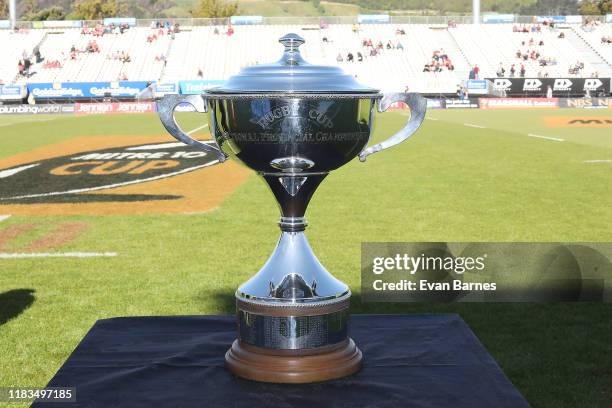 Mitre 10 Trophy Cup on display during the Mitre 10 Cup Premiership Final between Tasman and Wellington at Trafalgar Park on October 26, 2019 in...