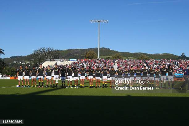 Wellington team at the start of the Mitre 10 Cup Premiership Final between Tasman and Wellington at Trafalgar Park on October 26, 2019 in Nelson, New...