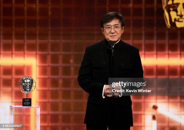 Jackie Chan accepts the Albert R. Broccoli Britannia Award for Worldwide Contribution to Entertainment onstage during the 2019 British Academy...