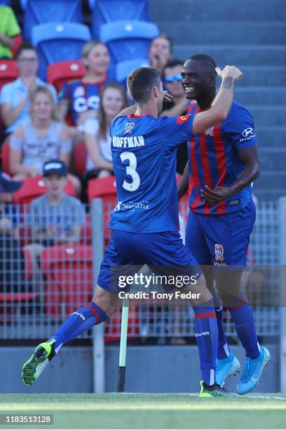 Abdiel Arroyo of the Newcastle Jets celebrates a goal during the round three A-League match between the Newcastle Jets and Adelaide United at...