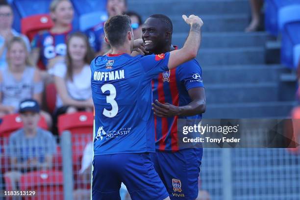 Abdiel Arroyo of the Newcastle Jets celebrates a goal during the round three A-League match between the Newcastle Jets and Adelaide United at...