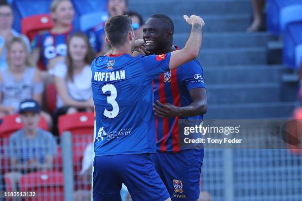 Abdiel Arroyo of the Newcastle Jets celebrates a goal during the round three A-League match between the Newcastle Jets and Adelaide United at...