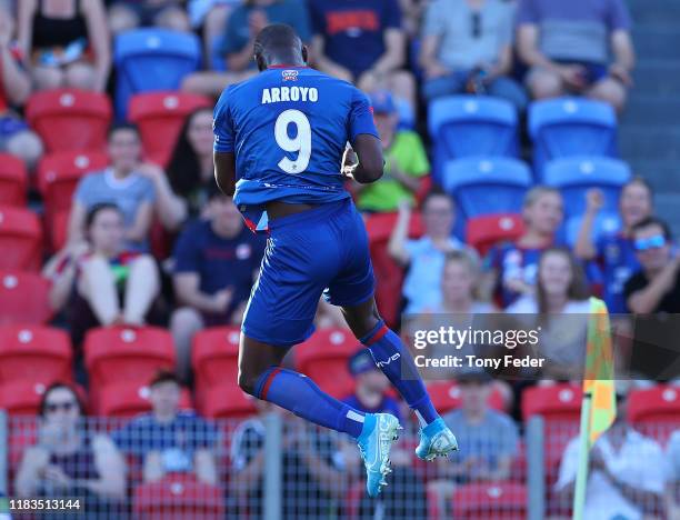 Abdiel Arroyo of the Newcastle Jets celebrates a goal during the round three A-League match between the Newcastle Jets and Adelaide United at...