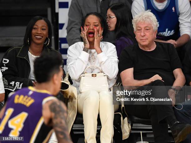 Melissa Forde and Rihanna attend a basketball game between the Los Angeles Lakers and the Utah Jazz at the at Staples Center on October 25, 2019 in...