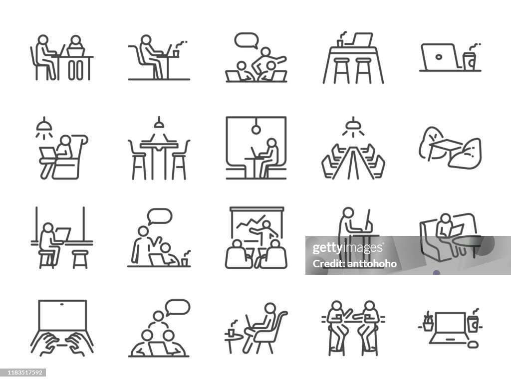 Co-working space line icon set. Included icons as coworkers, coworking, sharing office, business, company, work and more.